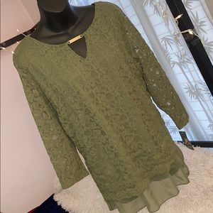 Olive Green Lace & Mesh Blouse